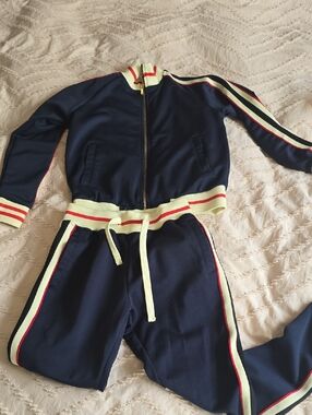 Navy Track Jacket and Joggers Set with Cream & Red Stripe